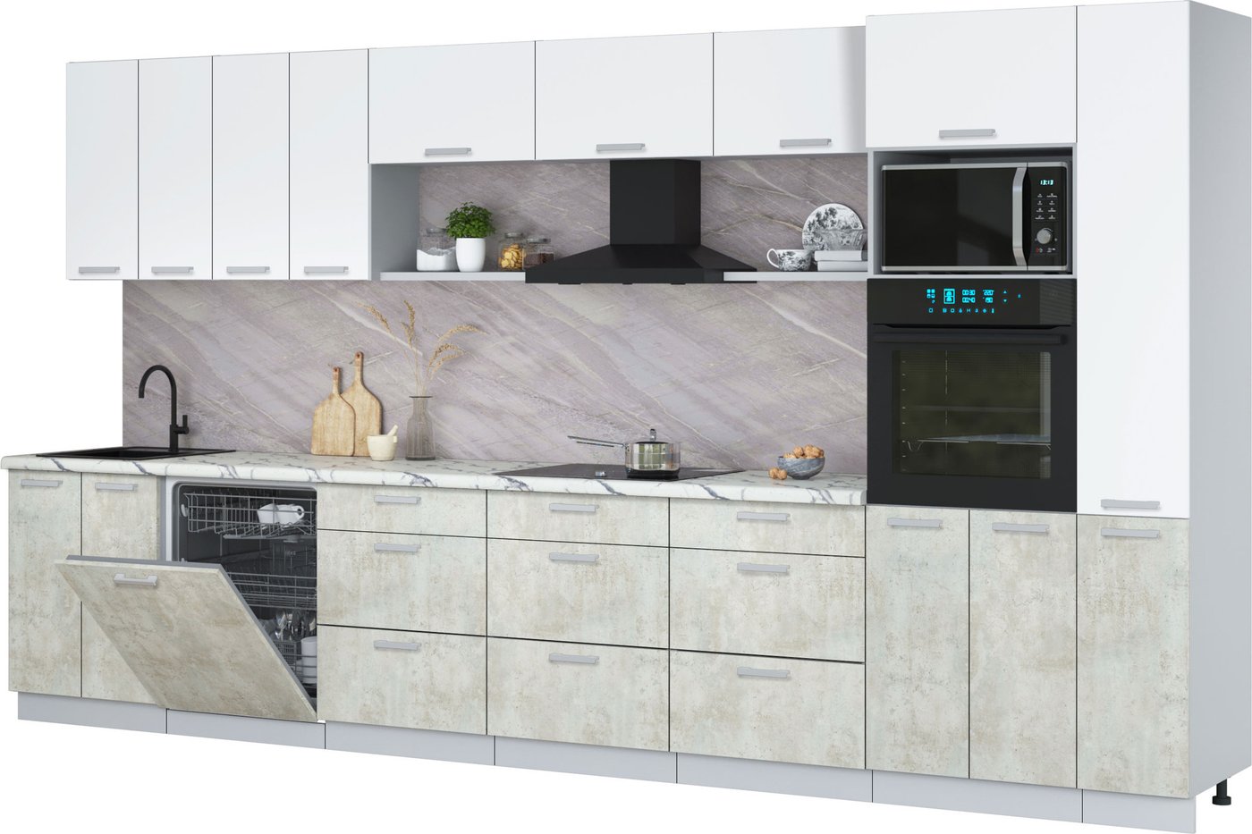 

Готовая кухня Интерлиния Мила Лайт 3.9-ПМ1 (белый платинум/бетон лайт/белый гранит)