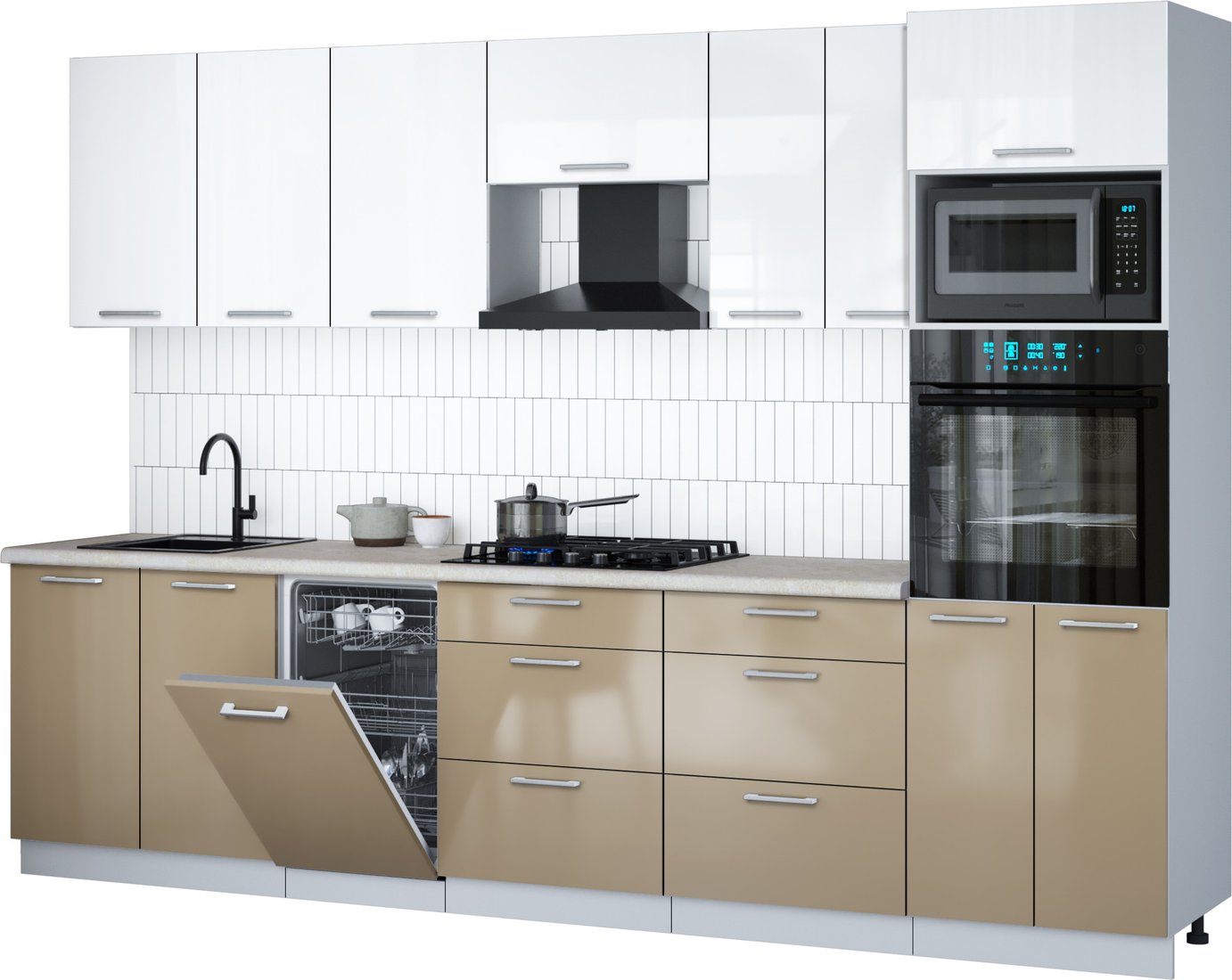 

Готовая кухня Интерлиния Мила Gloss 3.05-ПМ3 (капучино глянец/белый глянец/опал светлый)