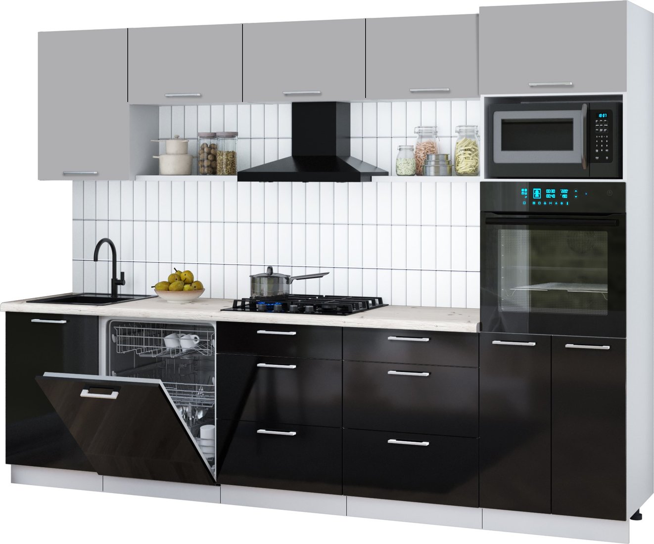 

Готовая кухня Интерлиния Мила Gloss 2.9-ПМ1 (черный глянец/грей/бискайская сосна)