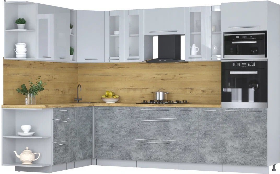 

Готовая кухня Интерлиния Мила Пластик 1.88x3.0 LV (туманный глянец/мрамор/дуб бунратти)