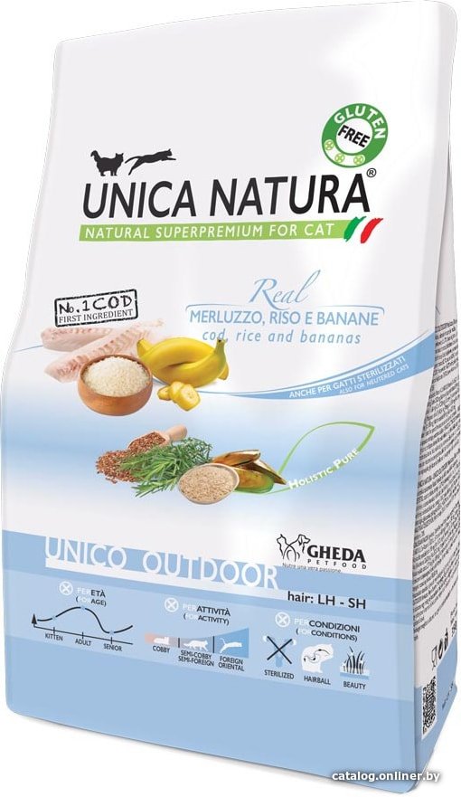 Сухой корм для кошек Unica Natura Unico Outdoor с треской, рисом и бананом 350 г