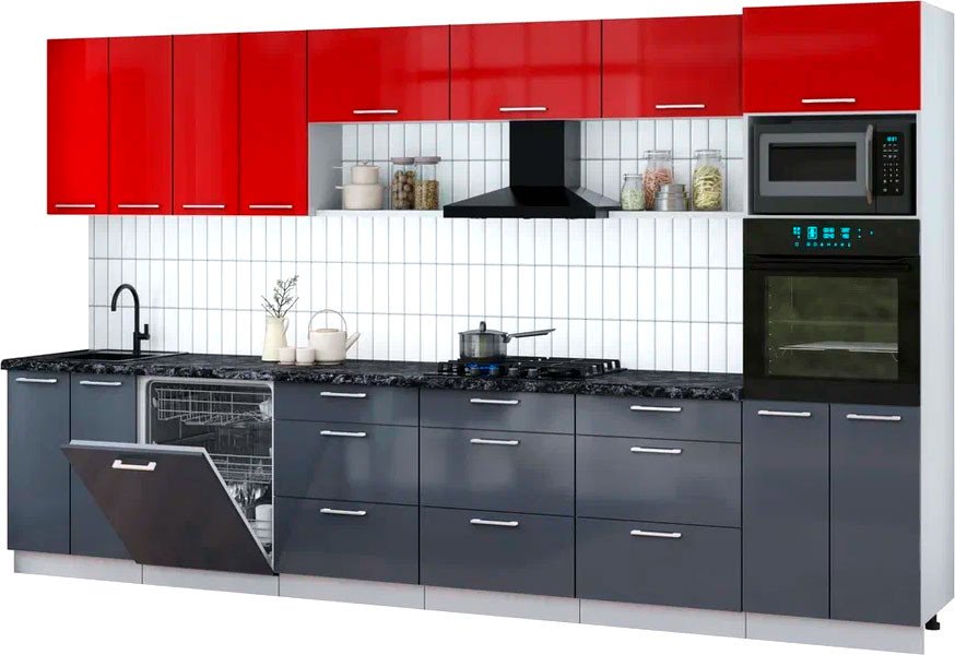 

Готовая кухня Интерлиния Мила Gloss 3.6-ПМ1-2 (асфальт глянец/красный глянец/кастилло темный)