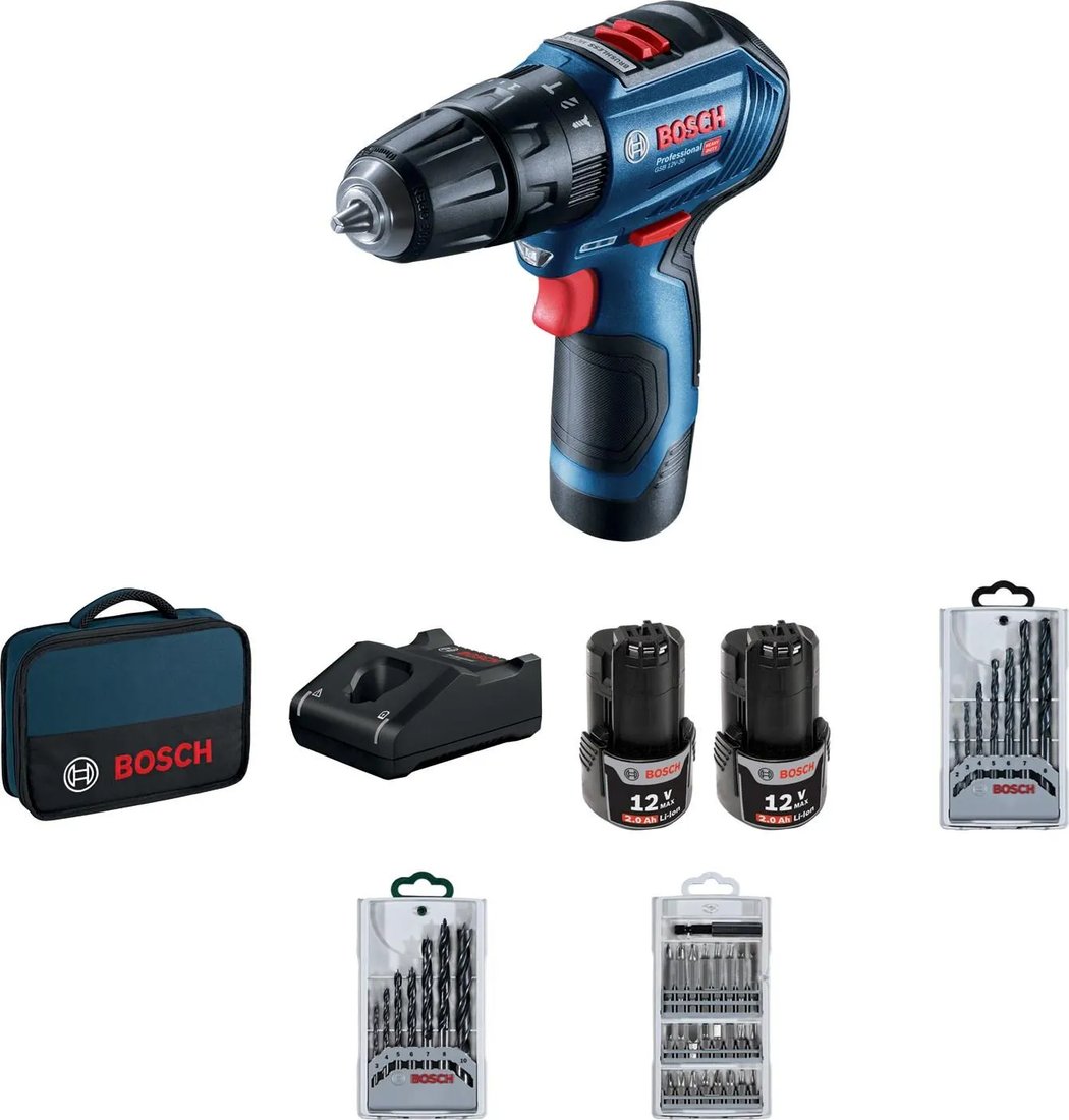 

Ударная дрель-шуруповерт Bosch GSB 12V-30 Professional 06019G9101 (с 2-мя АКБ 2 Ач, набор оснастки, сумка)