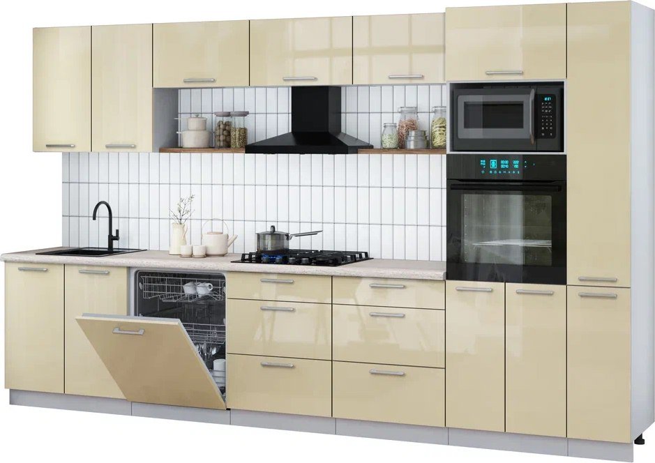 

Готовая кухня Интерлиния Мила Gloss 3.5-ПМ1 (ваниль глянец/ваниль глянец/травертин серый)