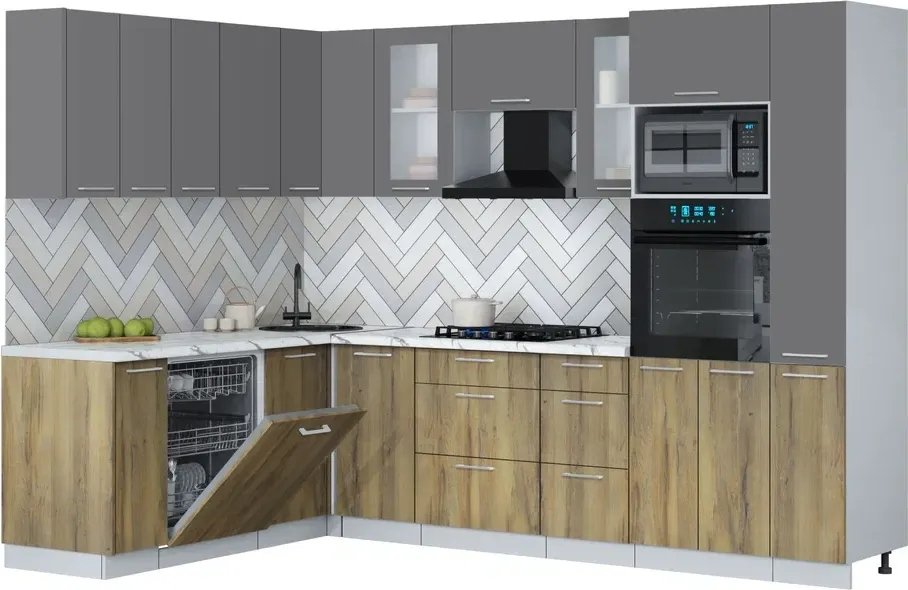 

Готовая кухня Интерлиния Мила Gloss 1.896х2.88 (дуб вотан/серый/белый гранит)