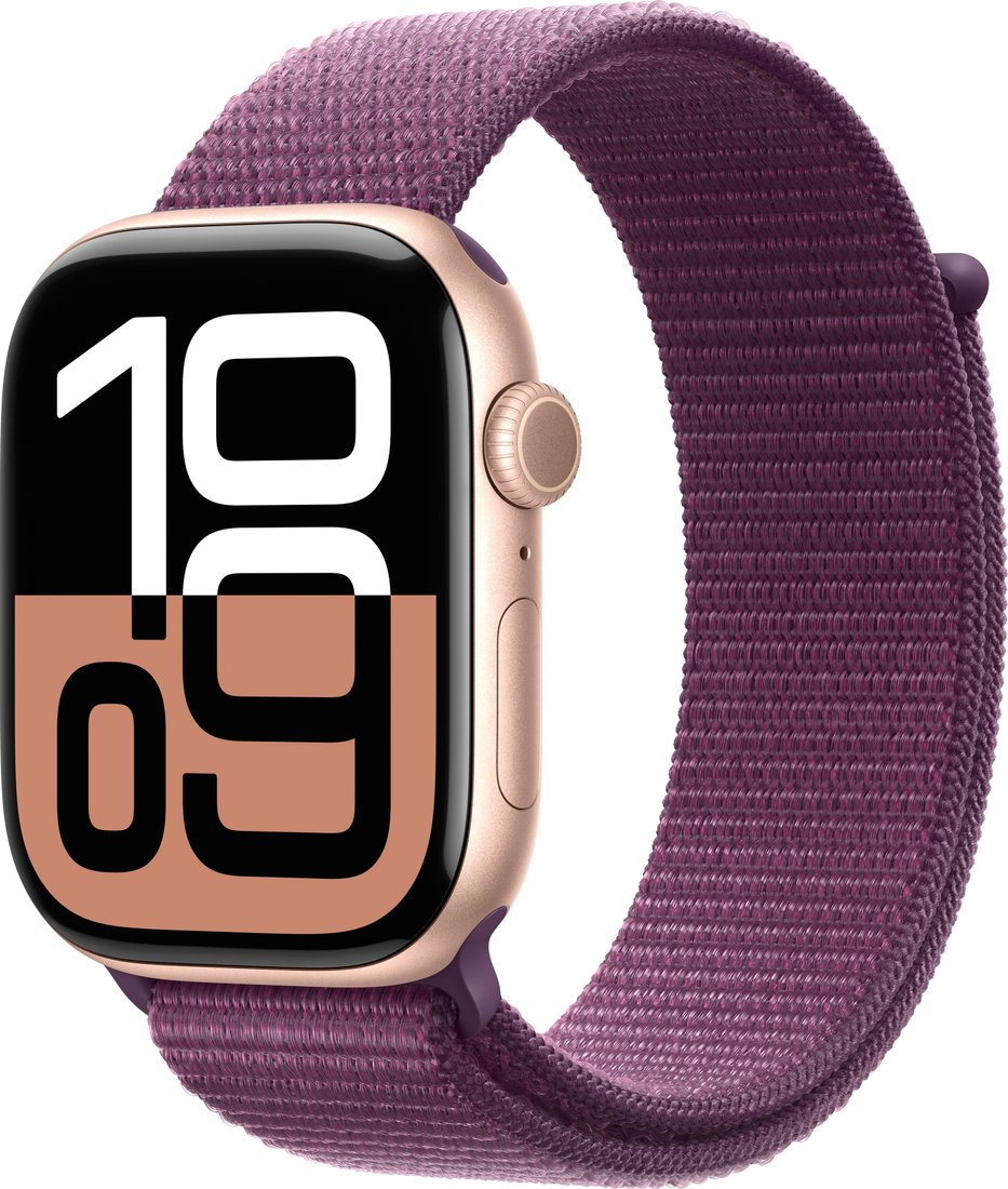 

Умные часы Apple Watch Series 10 46 мм (алюминиевый корпус, розовое золото/сливовый, нейлоновый ремешок)