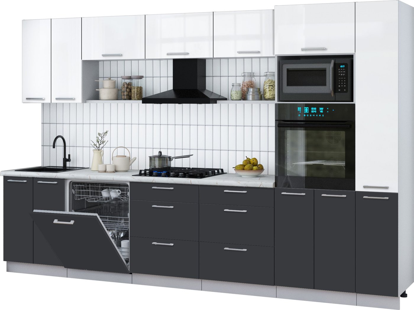 

Готовая кухня Интерлиния Мила Gloss 3.3-ПМ1 (пепел/белый глянец/серый каспий)