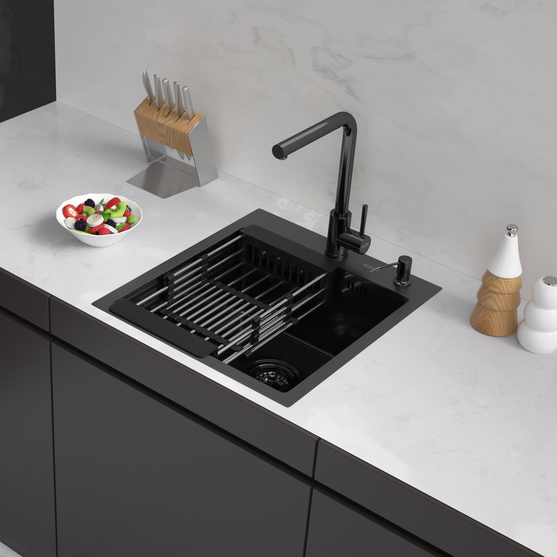 

Кухонная мойка ARFEKA Eco AR мойка 450*500, коландер, дозатор BLACK DECOR MILLET GRAINS