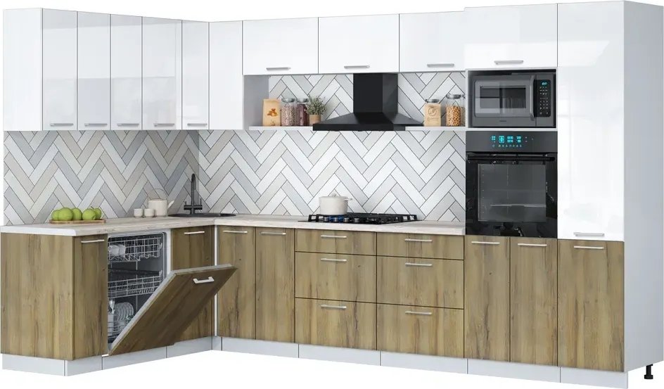 

Готовая кухня Интерлиния Мила Gloss 1.896х3.38 (дуб вотан/белый глянец/травертин серый)