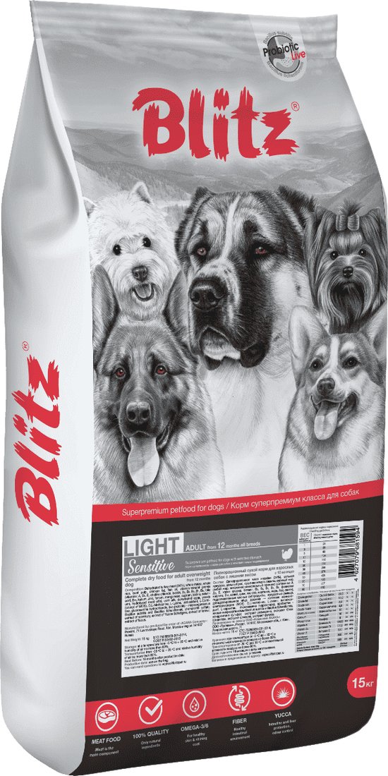 

Сухой корм для собак Blitz Sensitive Adult All Breeds Light 15 кг