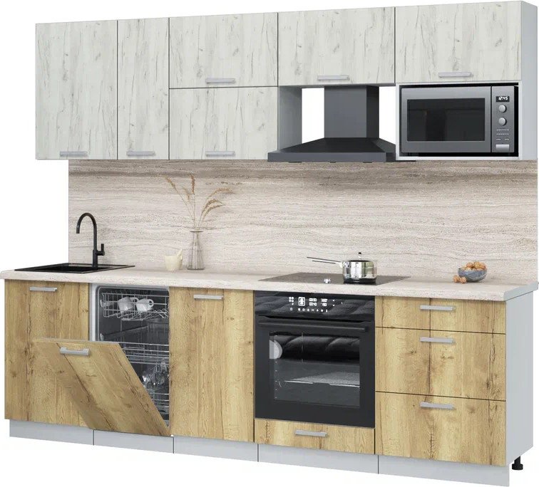 

Готовая кухня Интерлиния Мила Лайт 2.6-ПМ4 (дуб белый/дуб золотой/травертин серый)