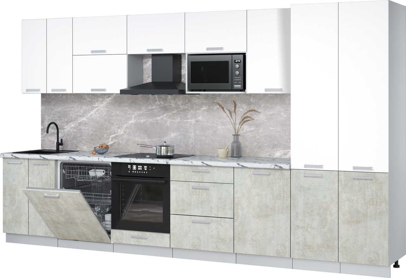 

Готовая кухня Интерлиния Мила Лайт 3.7-ПМ2 (белый платинум/бетон лайт/белый гранит)