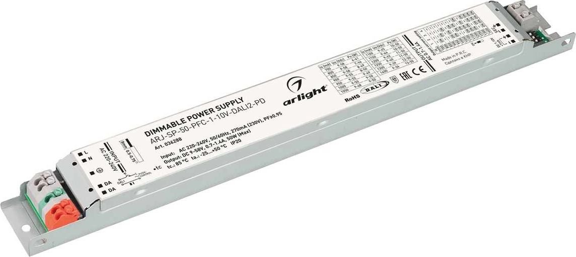 

Диммер для одноцветных лент (без RGB) Arlight ARJ-SP-50-PFC-1-10V-Dali2-PD 9-58V 50W IP20 0,7-1,4A 036288