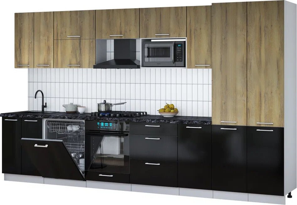 

Готовая кухня Интерлиния Мила Gloss 3.6-ПМ2 (черный глянец/дуб вотан/кастилло темный)