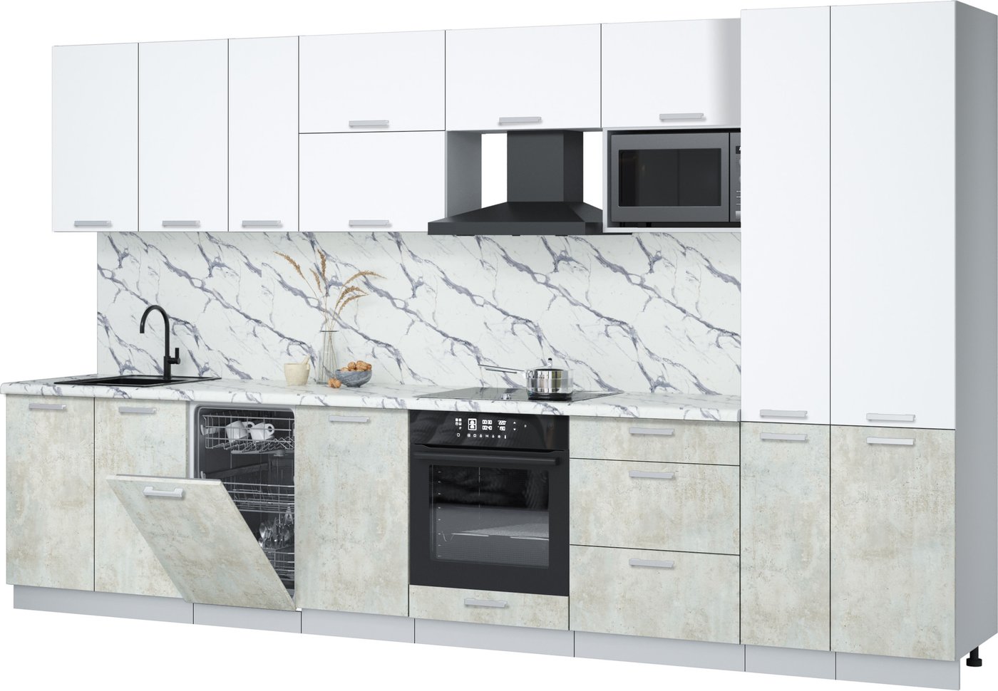 

Готовая кухня Интерлиния Мила Лайт 3.6-ПМ4 (белый платинум/бетон лайт/белый гранит)