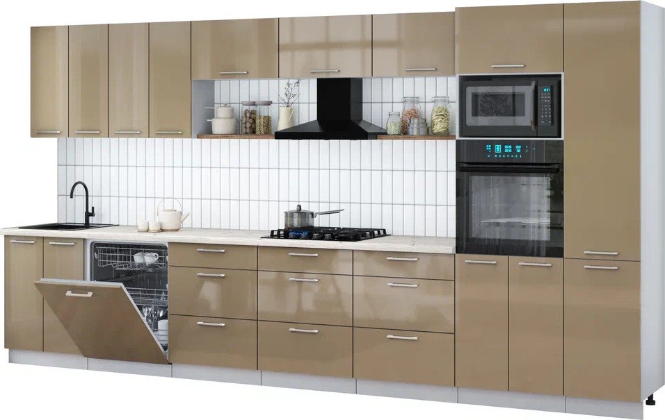 

Готовая кухня Интерлиния Мила Gloss 4.0-ПМ1 (капучино глянец/капучино глянец/бискайская сосна)