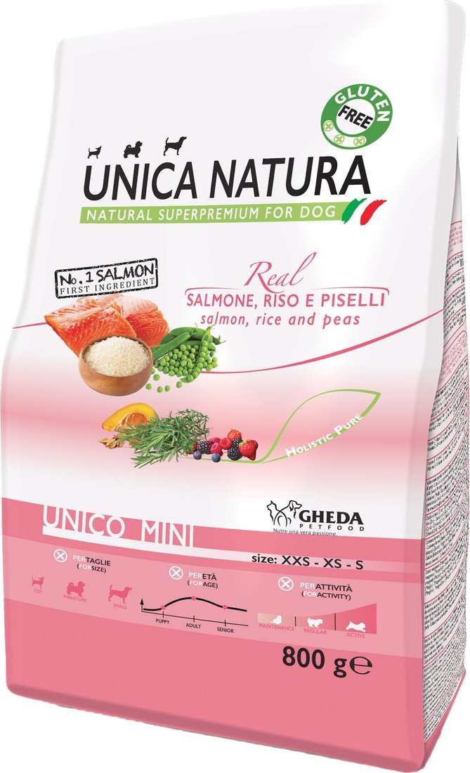 

Сухой корм для собак Unica Natura Unico Mini с лососем, рисом и горохом 800 г