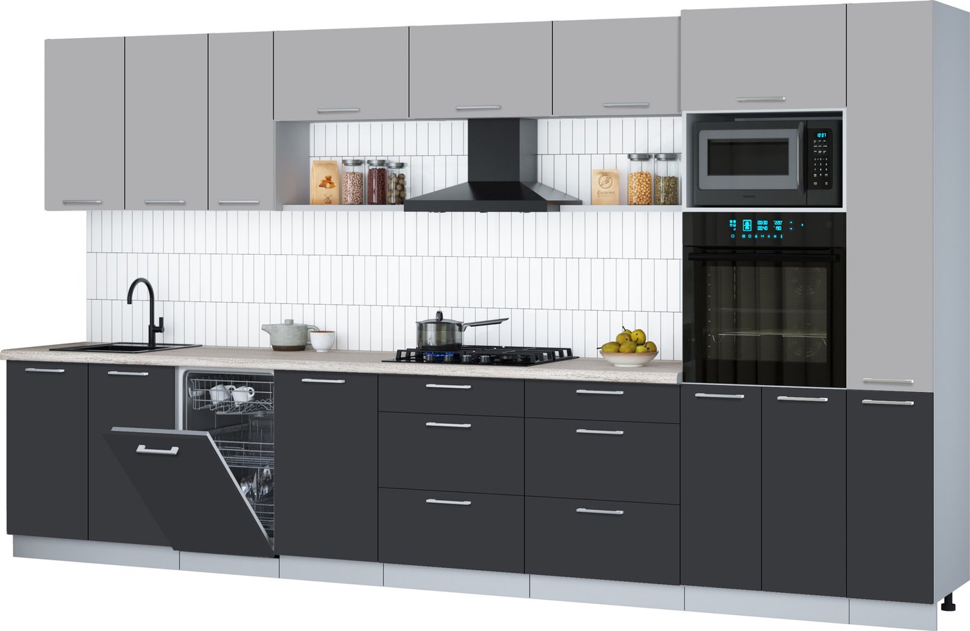 

Готовая кухня Интерлиния Мила Gloss 3.8-ПМ3 (пепел/грей/травертин серый)