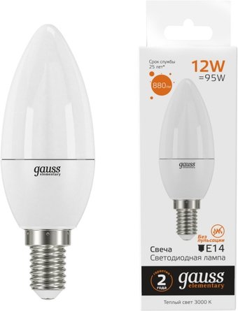 Светодиодная лампочка Gauss Elementary Свеча 12Вт E14 3000K 33112