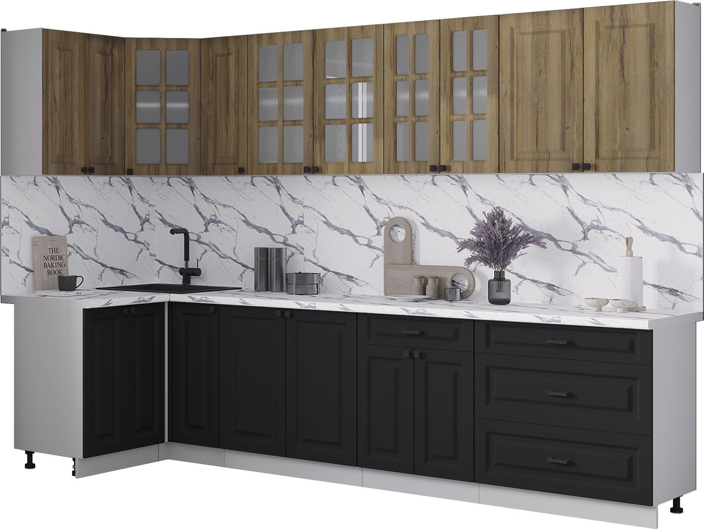 

Готовая кухня Интерлиния Мила Деко 1.2x3.1 (черный/дуб вотан/белый гранит)