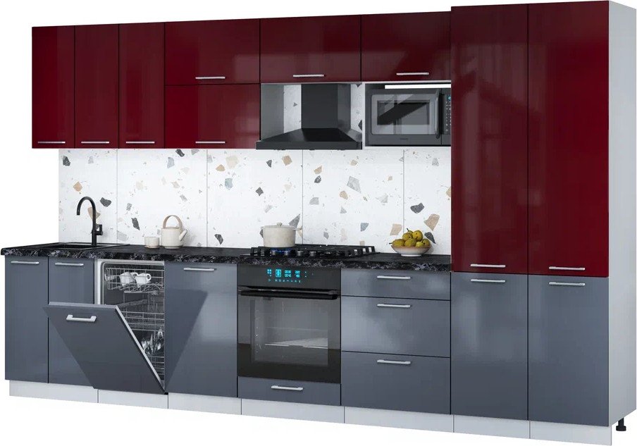 

Готовая кухня Интерлиния Мила Gloss 3.5-ПМ4 (асфальт глянец/бордовый глянец/кастилло темный)