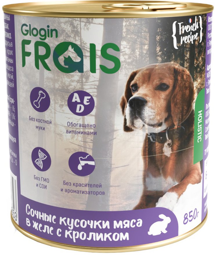 

Консервированный корм для собак Frais Holistic Dog мясные кусочки с кроликом в желе (850г)
