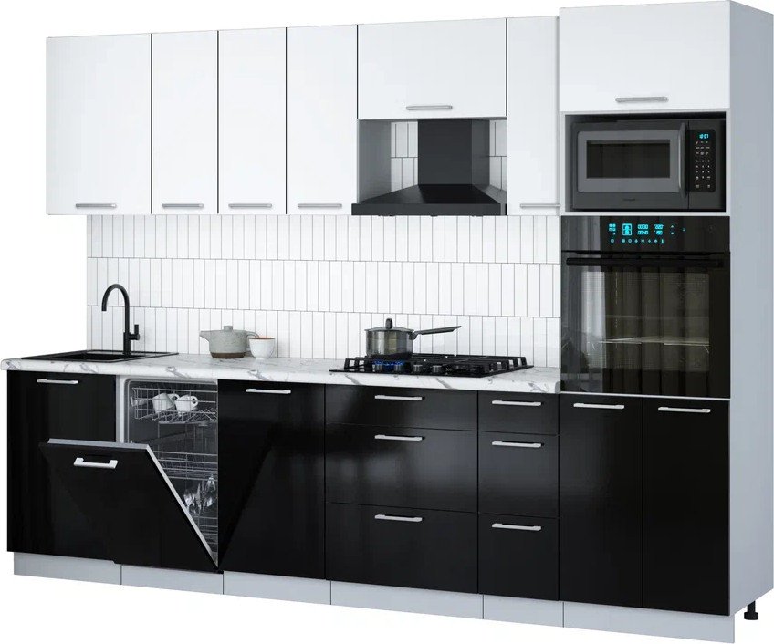 

Готовая кухня Интерлиния Мила Gloss 2.9-ПМ3 (черный глянец/белый/белый гранит)