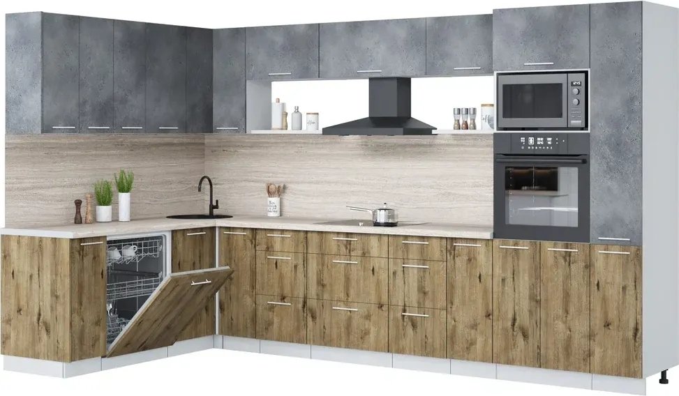 

Готовая кухня Интерлиния Мила Лайт 1.896х3.48 (бетон портленд/дуб веллингтон/травертин серый)