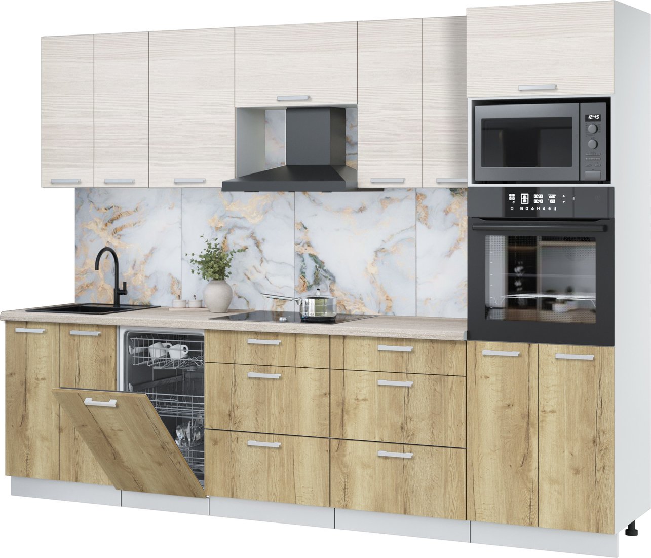 

Готовая кухня Интерлиния Мила Лайт 2.85-ПМ3 (вудлайн кремовый/дуб золотой/травертин серый)