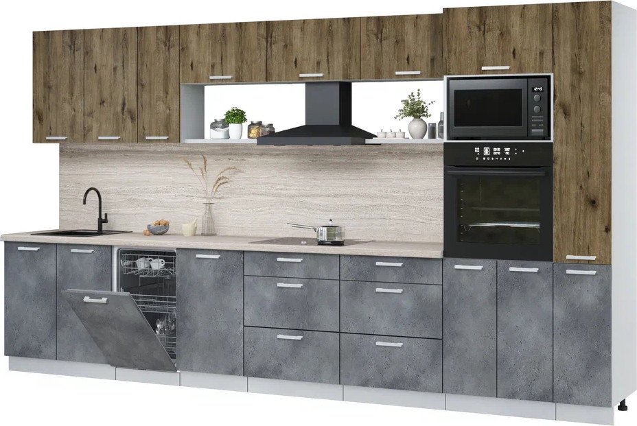 

Готовая кухня Интерлиния Мила Лайт 3.8-ПМ3 (дуб веллингтон/бетон портленд/травертин серый)