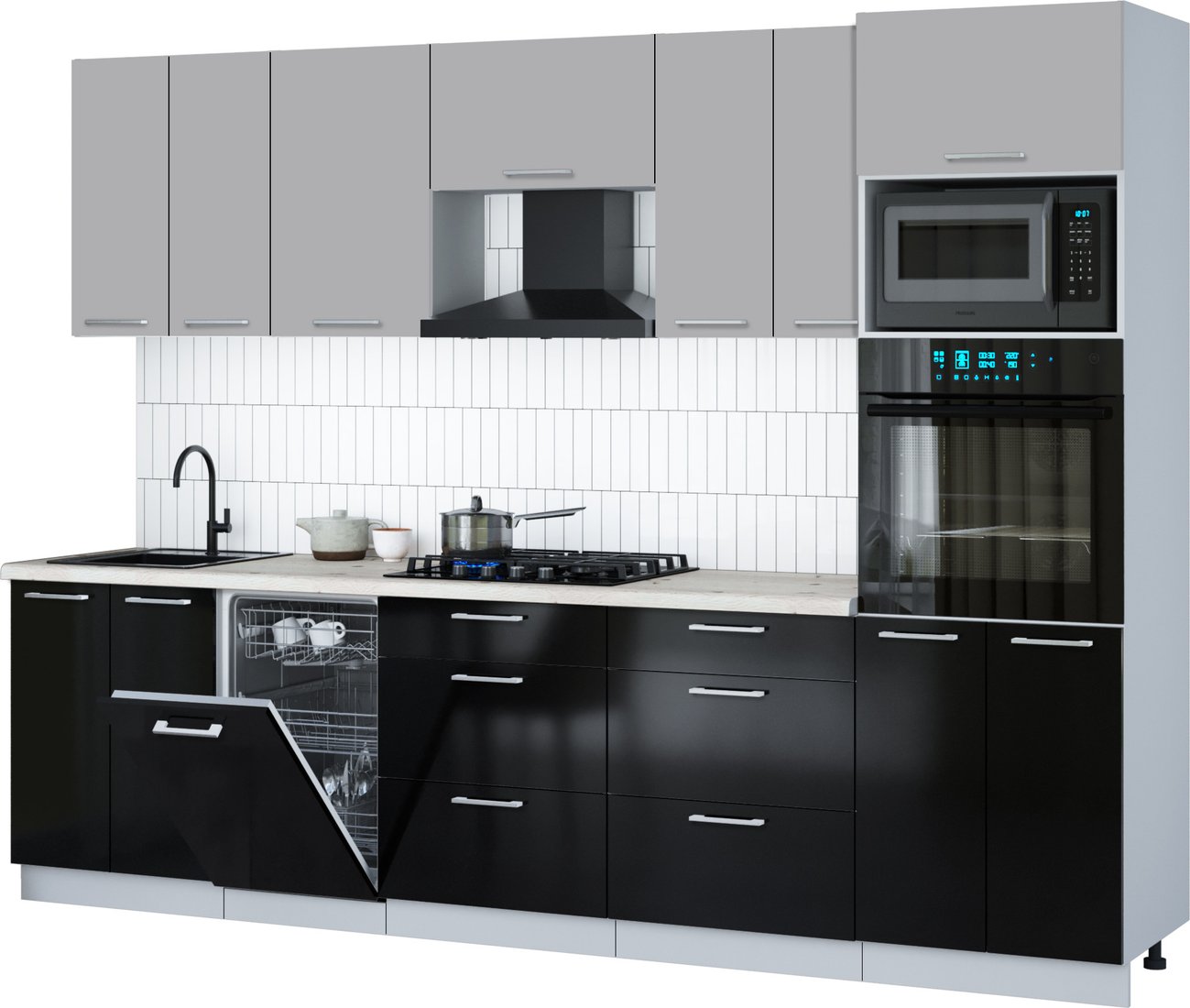 

Готовая кухня Интерлиния Мила Gloss 2.85-ПМ3 (черный глянец/грей/бискайская сосна)