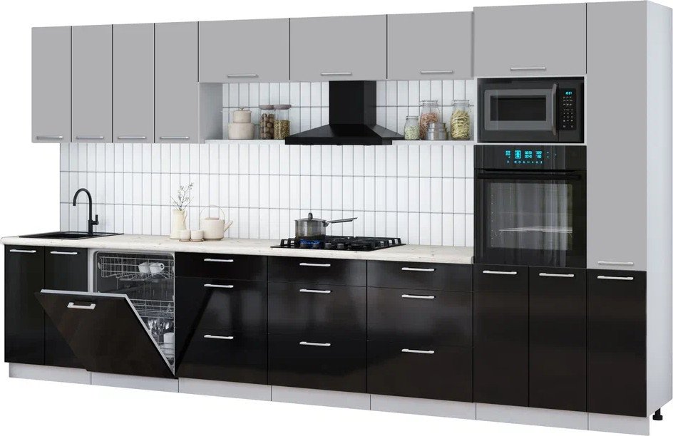 

Готовая кухня Интерлиния Мила Gloss 3.9-ПМ1 (черный глянец/грей/бискайская сосна)