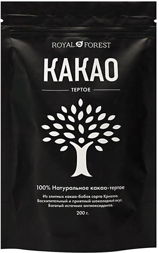 Какао тертое Royal Forest в плитках в пакете 200 г (черный)