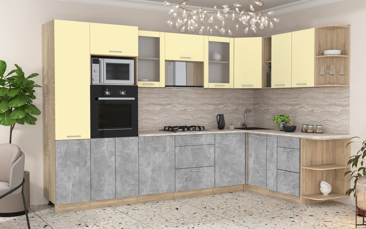 

Готовая кухня Интерлиния Мила 1.88x3.2 правая (ваниль/бетон/травертин)