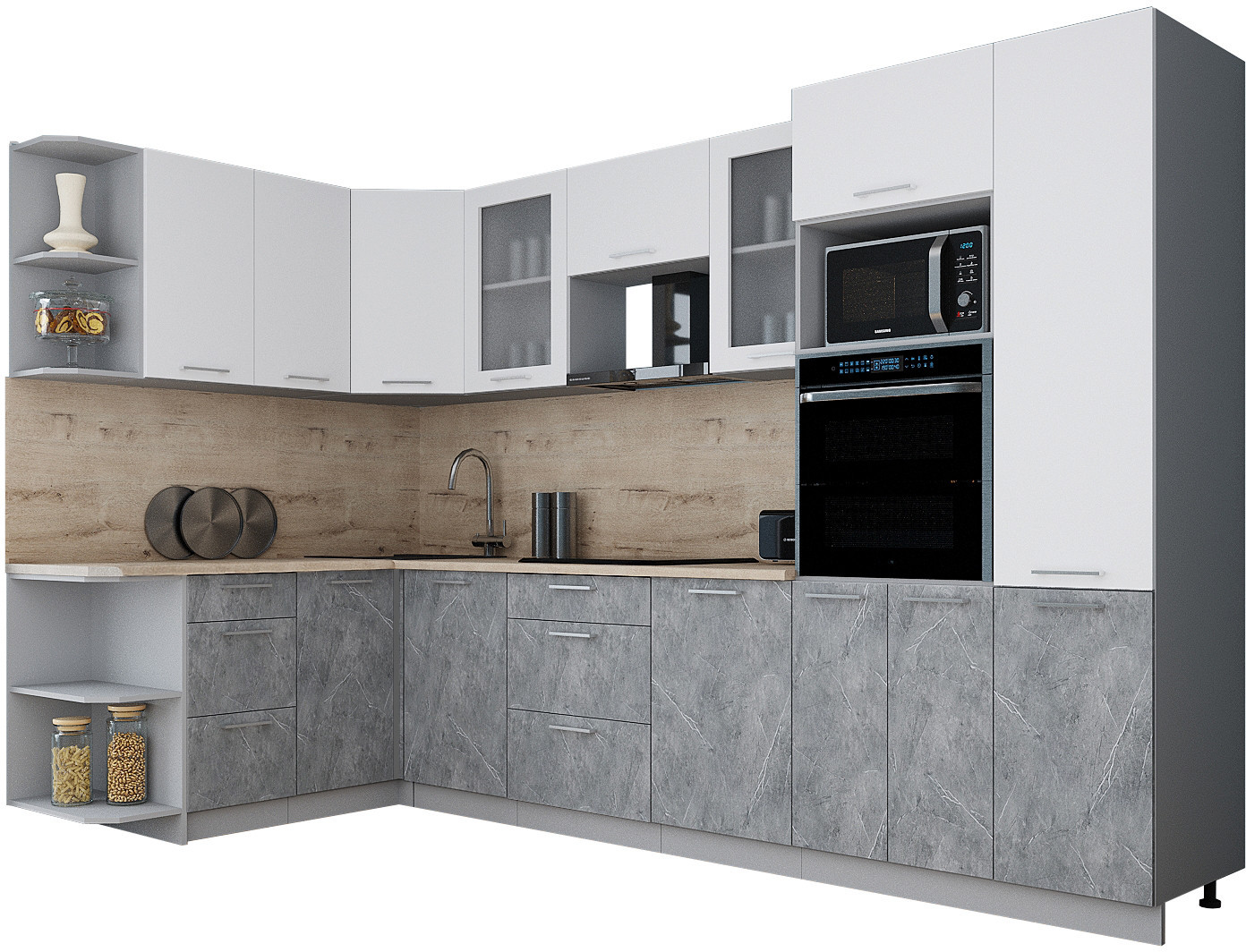 

Готовая кухня Интерлиния Мила Gloss 1.68x3.2 левая (белый софт/керамика/травертин серый)
