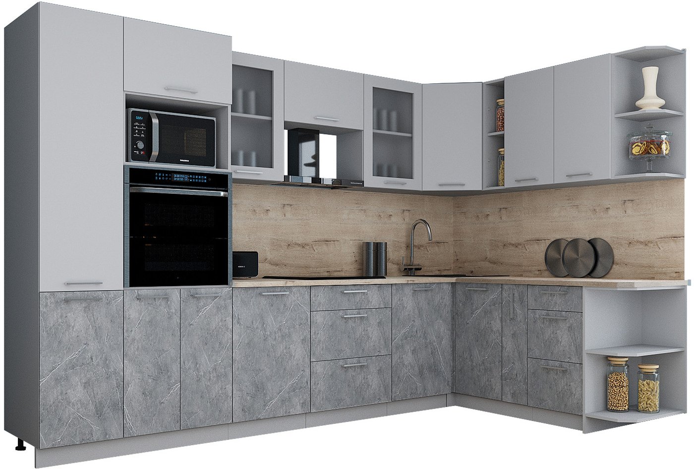 

Готовая кухня Интерлиния Мила Gloss 1.88x3.2 правая (пепел софт/керамика/травертин серый)