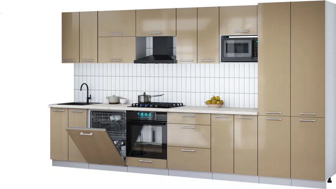 

Готовая кухня Интерлиния Мила Gloss 3.8-ПМ2 (капучино глянец/капучино глянец/бискайская сосна)