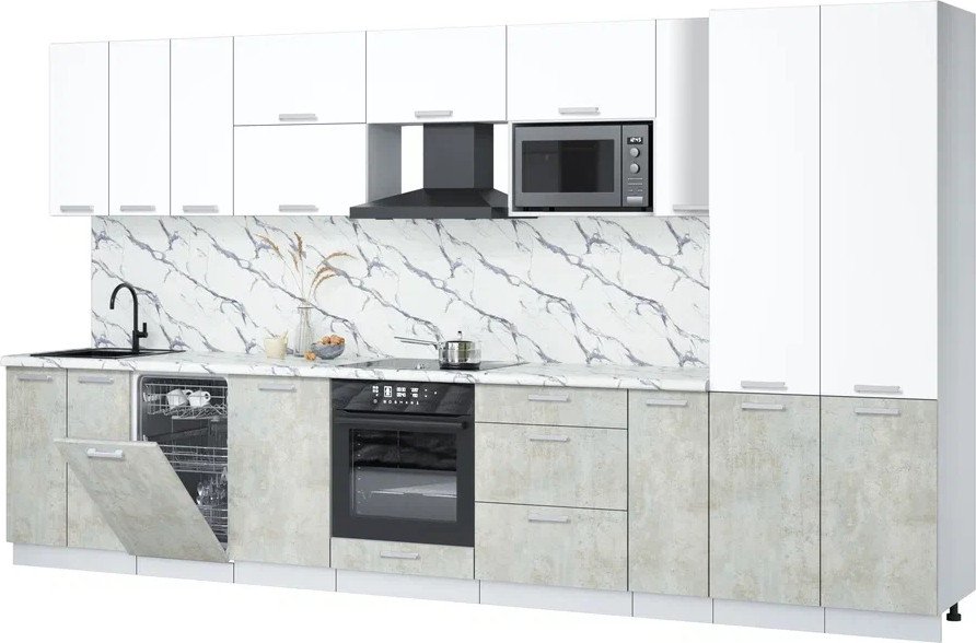 

Готовая кухня Интерлиния Мила Лайт 3.8-ПМ4 (белый платинум/бетон лайт/белый гранит)