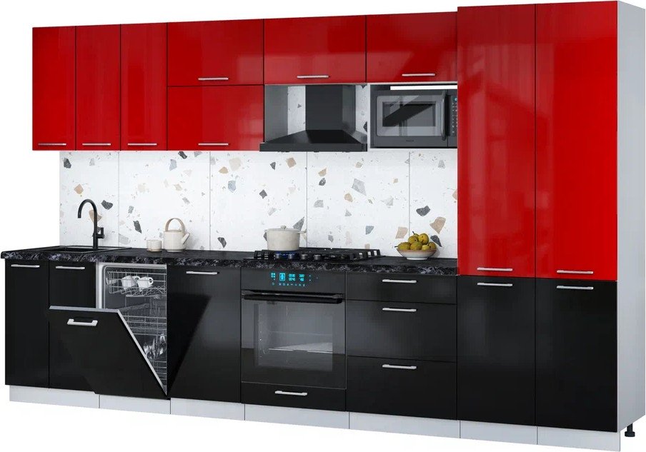 

Готовая кухня Интерлиния Мила Gloss 3.5-ПМ4 (черный глянец/красный глянец/кастилло темный)