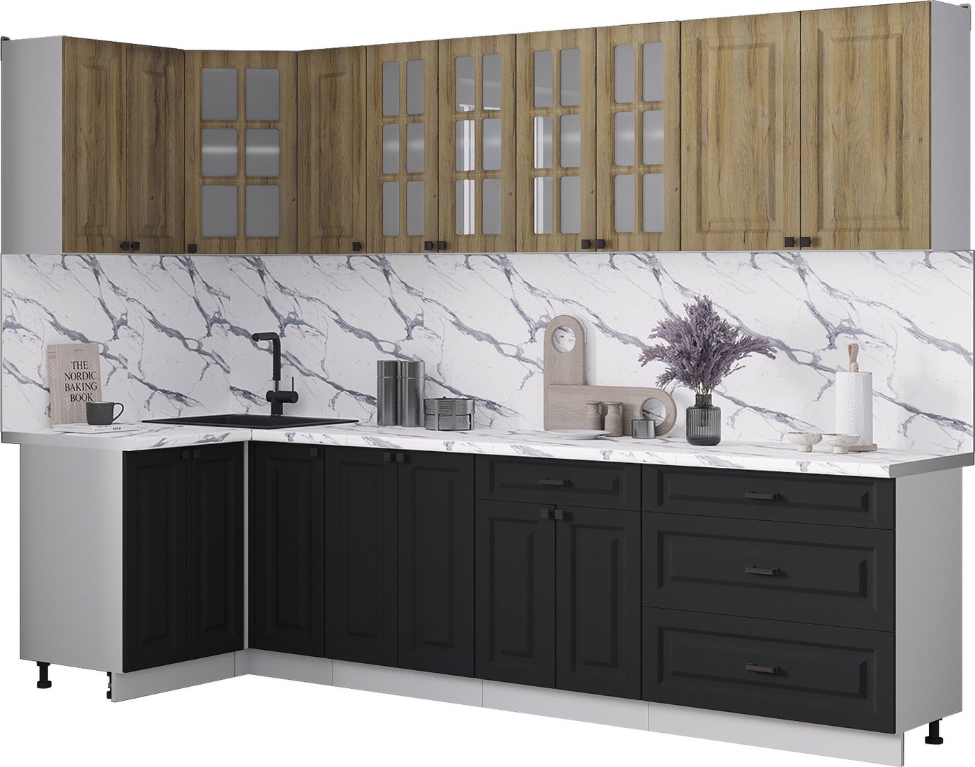 

Готовая кухня Интерлиния Мила Деко 1.2x2.9 (черный/дуб вотан/белый гранит)