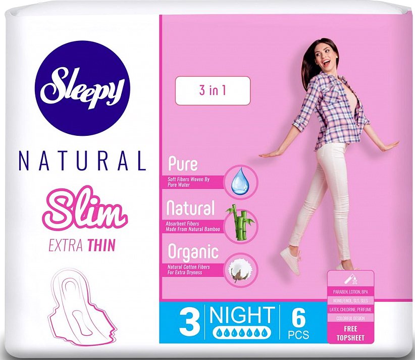 

Прокладки гигиенические Sleepy Natural Slim Extra Thin 3 в 1 Night Супертонкие (6 шт)