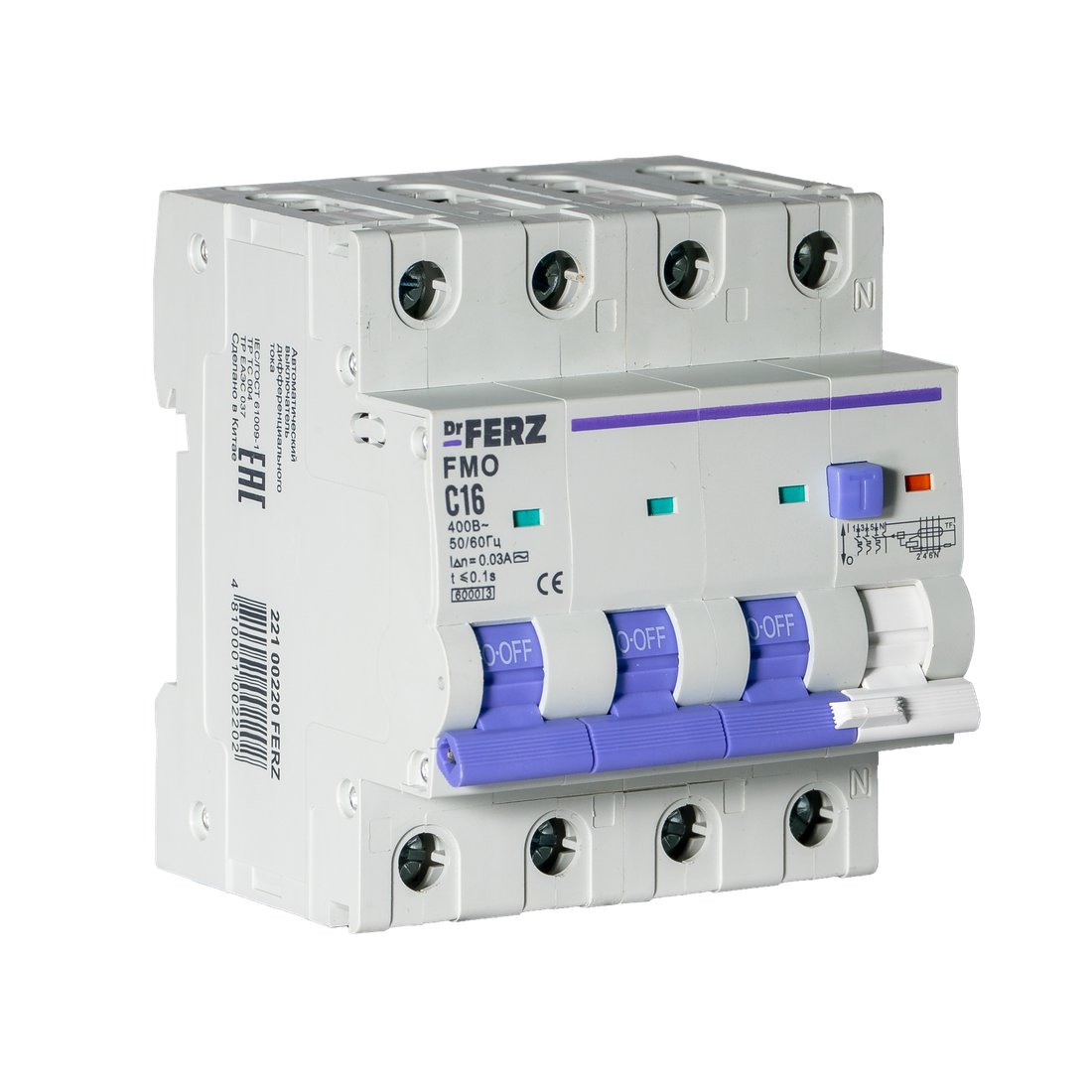 Дифференциальный автомат Dr.Ferz FMO-EL-3P+N 16A 30mA 6kA AC C 4M 22100220FERZ