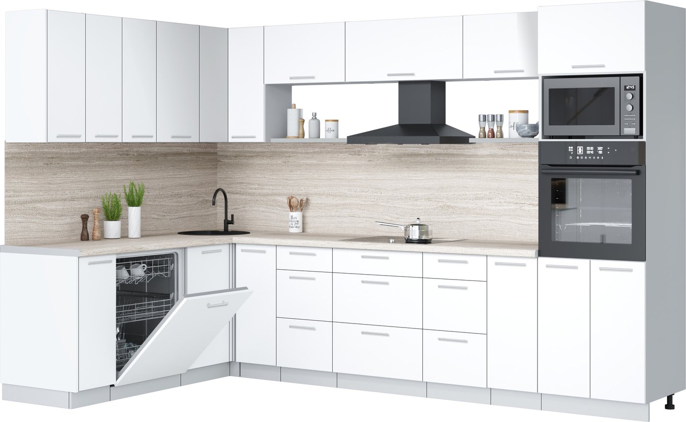 

Готовая кухня Интерлиния Мила Лайт 1.896х3.18 (белый платинум/белый платинум/травертин серый)