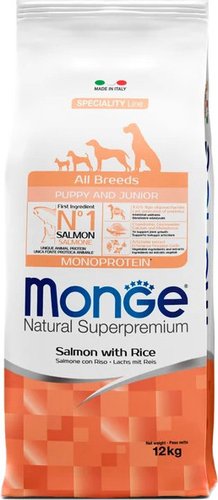 Сухой корм для собак Monge All Breeds Puppy & Junior Monoprotein Salmon with Rice (для щенков всех пород с лососем и рисом) 12 кг