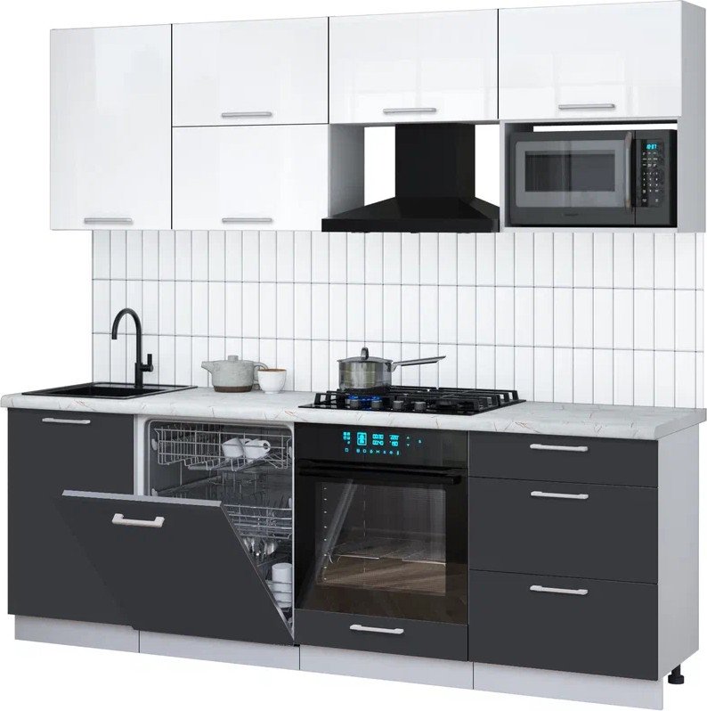 

Готовая кухня Интерлиния Мила Gloss 2.3-ПМ2 (пепел/белый глянец/серый каспий)