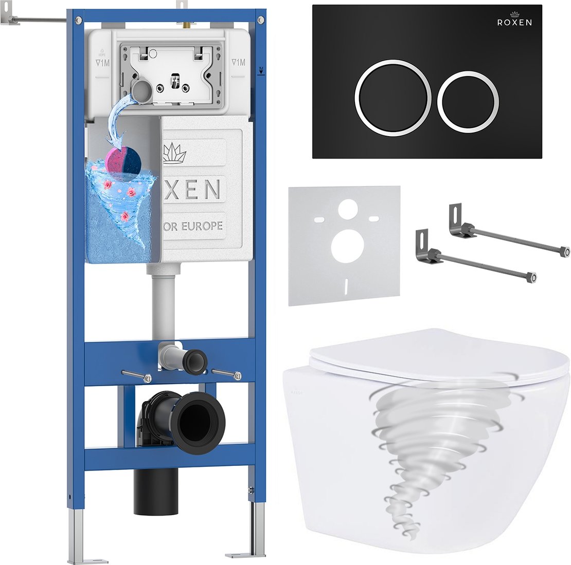 

Унитаз подвесной Roxen Antares Tornado Long в комплекте с инсталляцией StounFix Dual Fresh 6 в 1 868424 (кнопка: черный матовая)