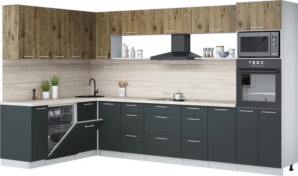 

Готовая кухня Интерлиния Мила Лайт 1.896х3.38-2 (дуб веллингтон/антрацит/травертин серый)