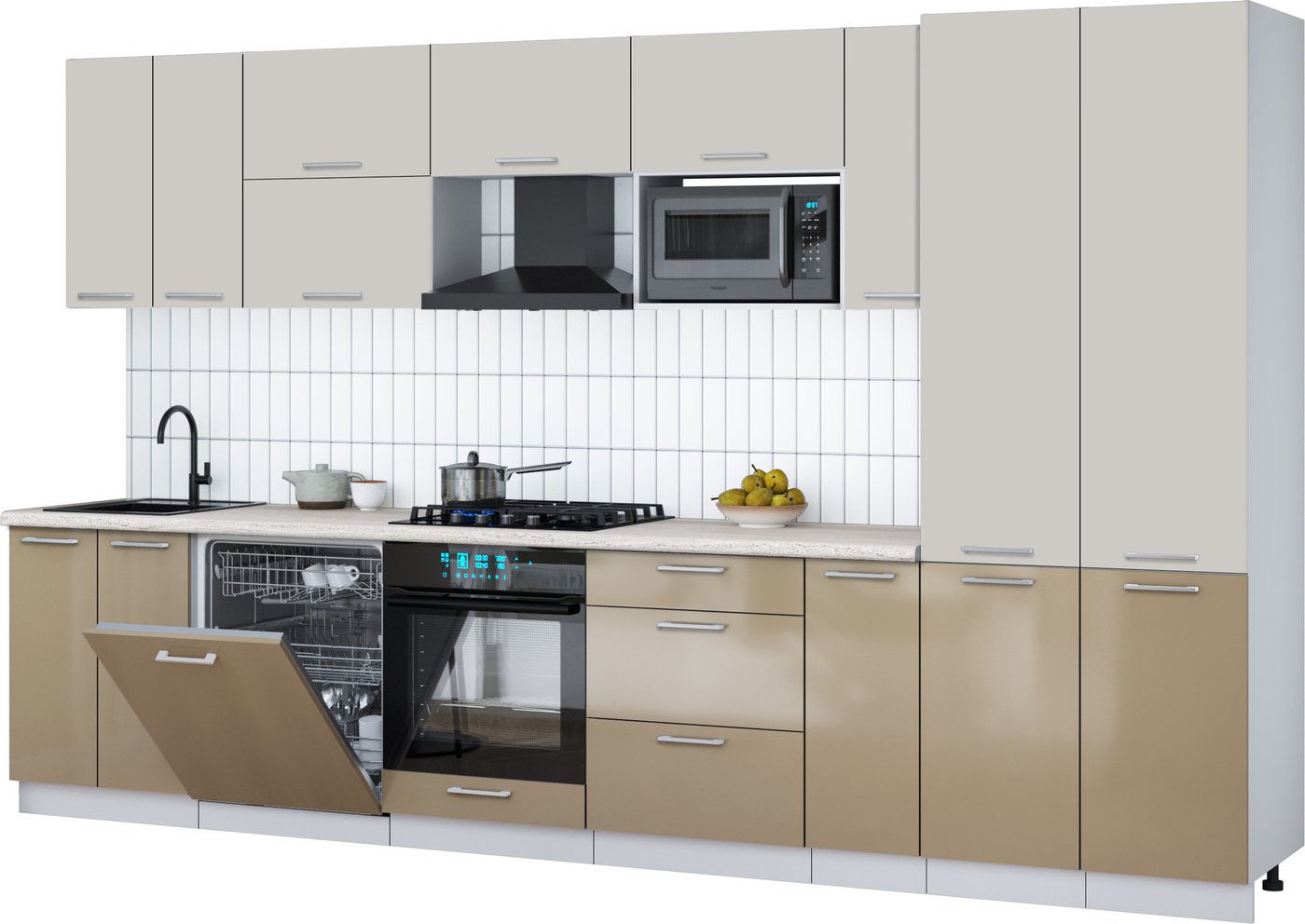 

Готовая кухня Интерлиния Мила Gloss 3.5-ПМ2 (капучино глянец/кашемир/травертин серый)