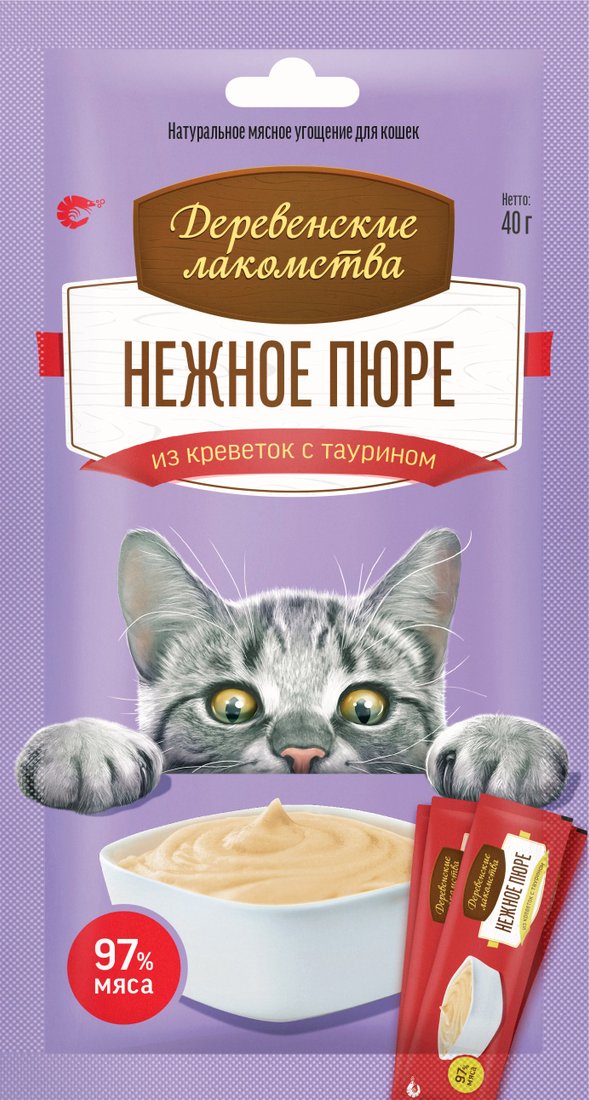 

Лакомство для кошек Деревенские лакомства Нежное пюре из креветок 40 г