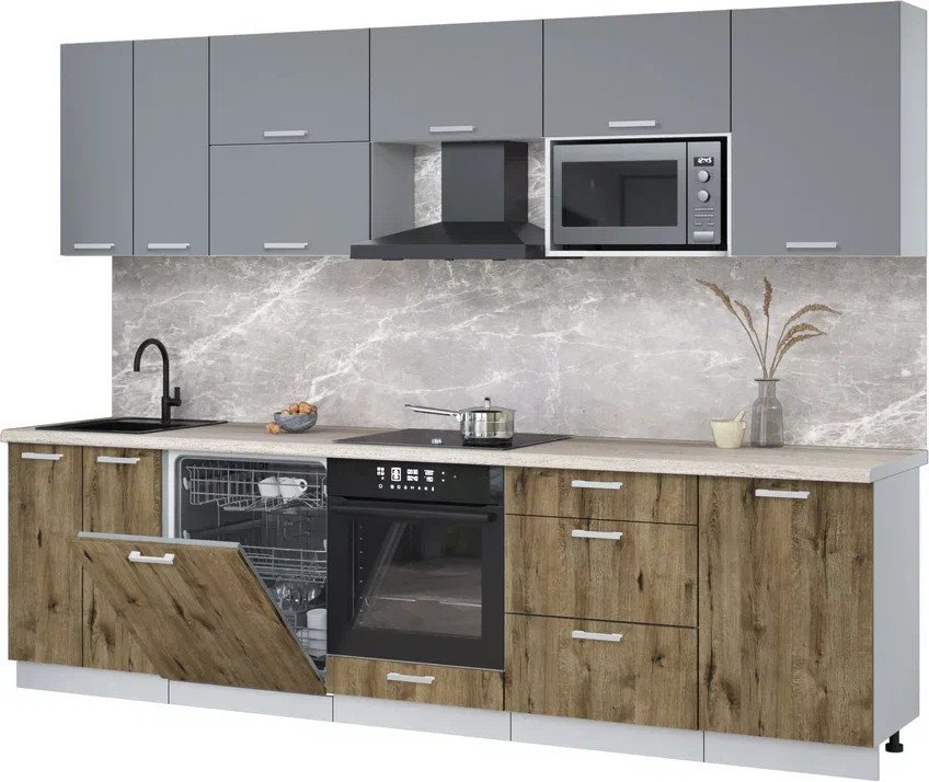 

Готовая кухня Интерлиния Мила Лайт 2.9-ПМ2 (серебро/дуб веллингтон/травертин серый)